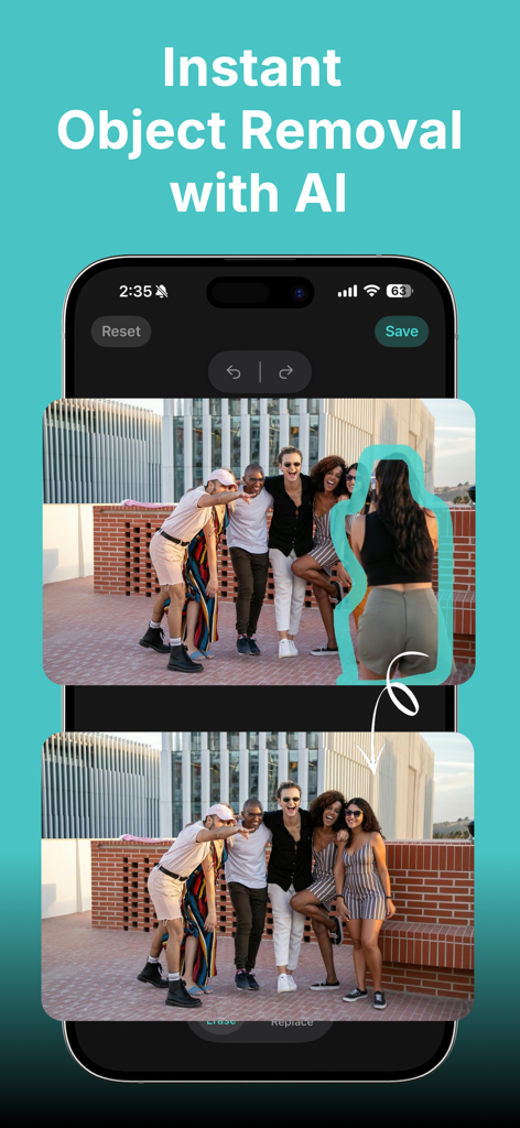 AI Object Removal - Screenshot der KI-Objektentfernungs-App, der den Prozess des Entfernens einer Person aus einem Gruppenfoto mit einem KI-Pinsel zeigt