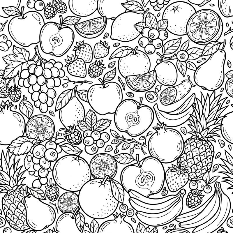 Dive into a world of delicious design with this intricate fruit line art coloring page. Featuring a rich tapestry of apples, berries, citrus, and exotic fruits, it promises hours of creative enjoyment.