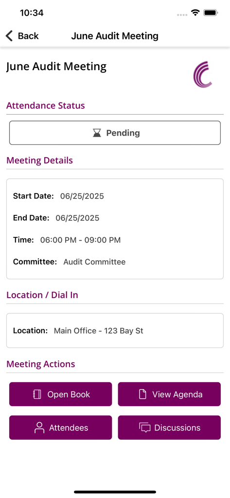 Computershare BoardWorks - Computershare BoardWorks interface displaying June Audit Meeting details and actions.