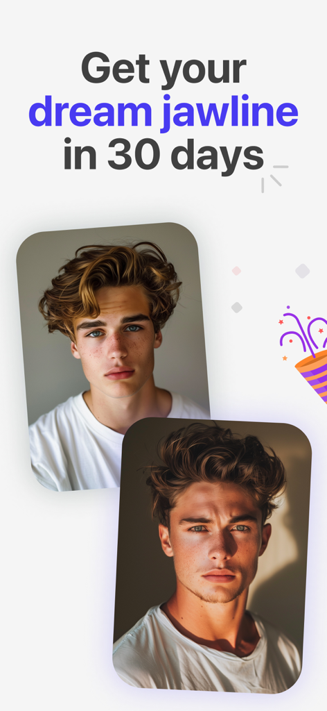 Jawline Exercises: Mewing Men - Male model showing a sharp jawline with the text Get your dream jawline in 30 days