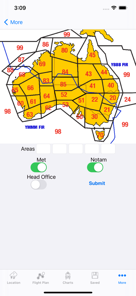 NAIPS - A screenshot of the NAIPS app showing an interactive map of Australia divided into numbered flight briefing areas with toggles for Met and Notam reports.