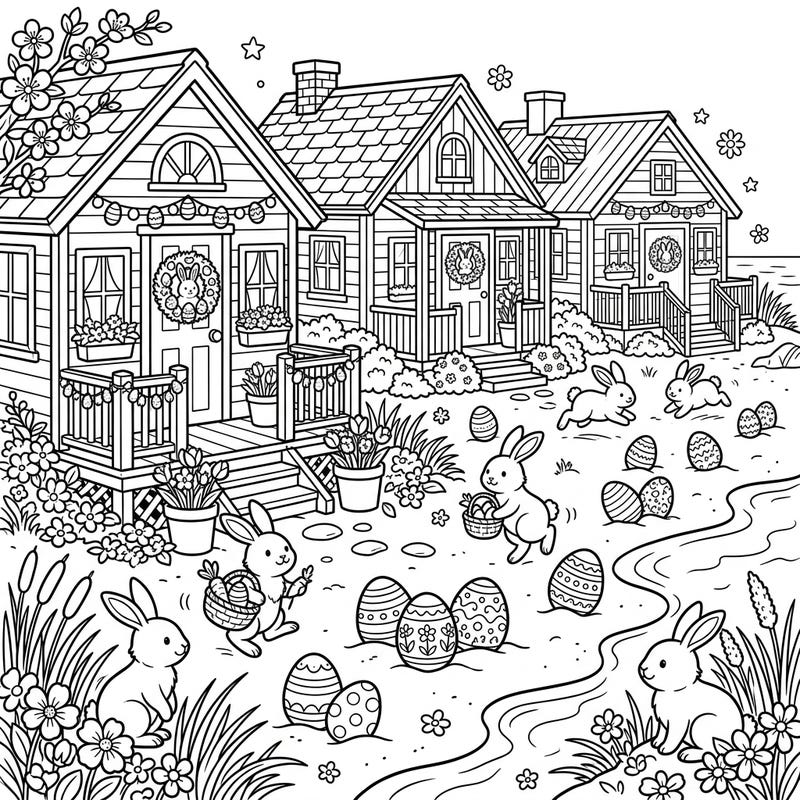 Imagine a seaside Easter with this charming coloring page featuring quaint beach cottages adorned with festive decorations. Discover playful bunnies, beautifully patterned eggs, and blooming spring flowers ready for your creative touch.