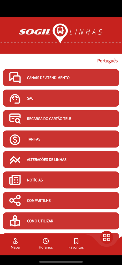 Menu principal do aplicativo de transporte público SOGIL Linhas mostrando opções de navegação e links de serviços.