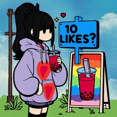 girl with oversized hoodie drinking boba and she has a high ponytail with a sign that says 10likes?