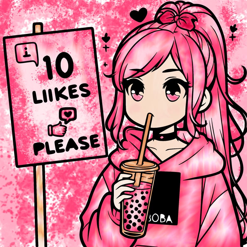 girl with a high ponytail and a hoodie drinking boba staring at a sign saying 10 likes please