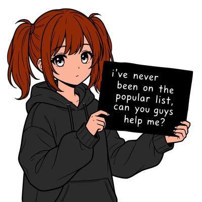 a cute anime girl with a sign saying  i’ve never been on the popular list, can you guys help me?