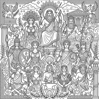 Journey to Mount Olympus with this captivating adult coloring page featuring the mighty Olympian Gods. Delve into intricate designs of ancient Greek mythology, perfect for stress relief and mindful creativity.