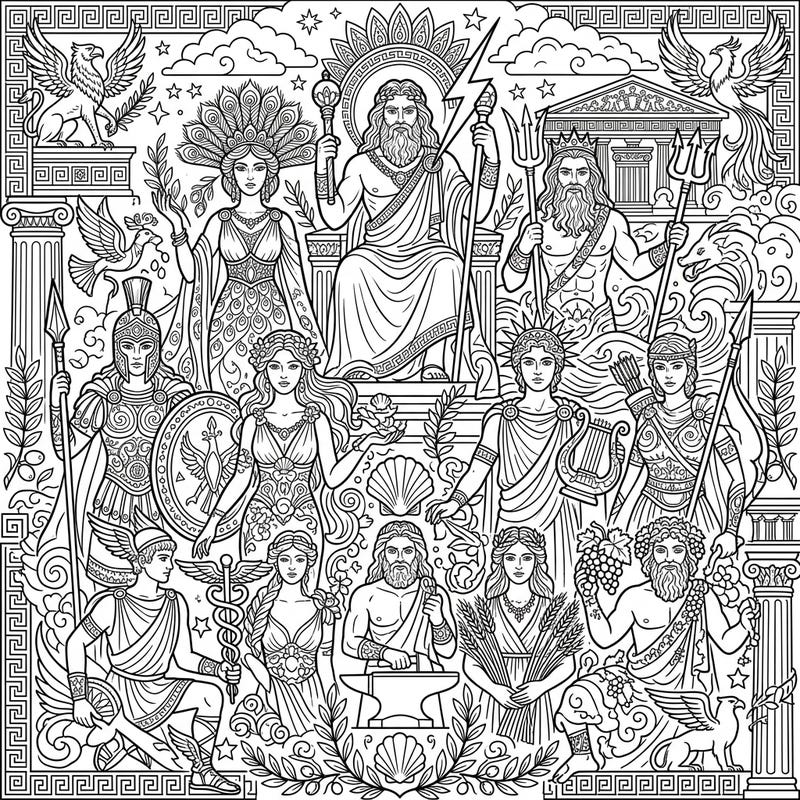 Journey to Mount Olympus with this captivating adult coloring page featuring the mighty Olympian Gods. Delve into intricate designs of ancient Greek mythology, perfect for stress relief and mindful creativity.