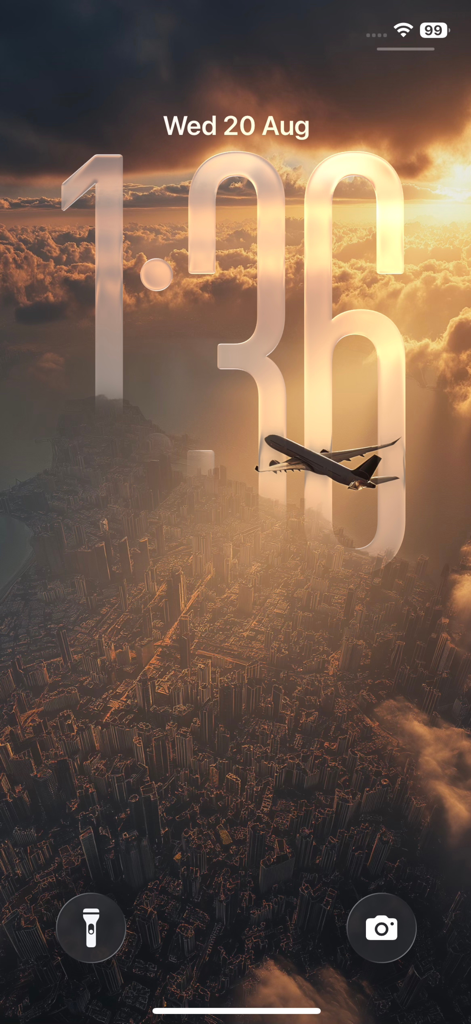 Wallbyte: 4k Wallpapers - 4K wallpaper showing an airplane flying over a city at sunset on a phone lock screen