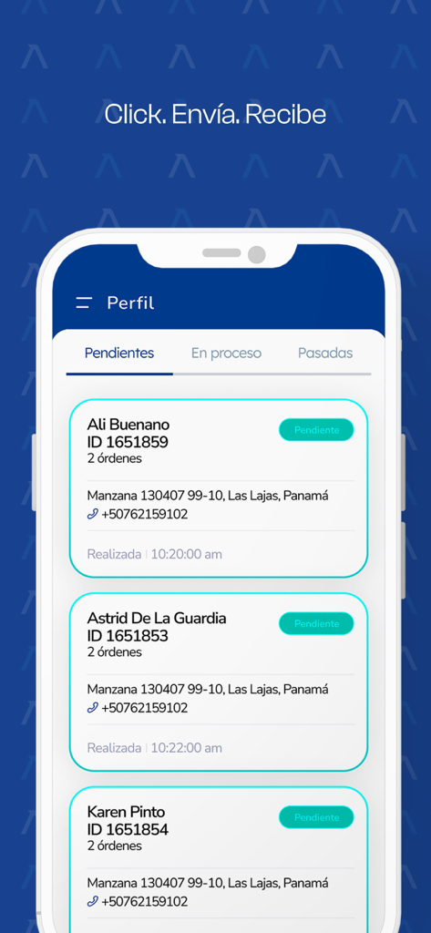 ASAP Merchant - ASAP Merchantアプリのインターフェース。顧客の詳細が表示された保留中配達注文のリストが表示されています。