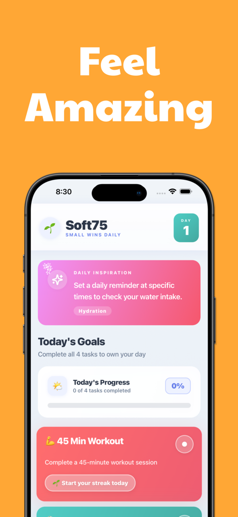 75 Soft Challenge - Tracker - Mobile app interface of 75 Soft Challenge showing the daily goals dashboard and 45-minute workout task on day one