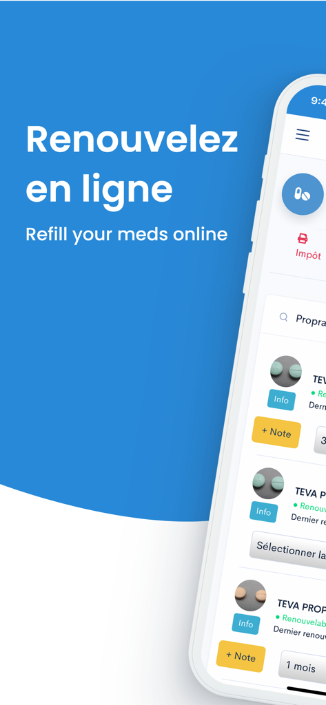 Interface de l'application Picard et Desjardins montrant les options pour renouveler les ordonnances en ligne.