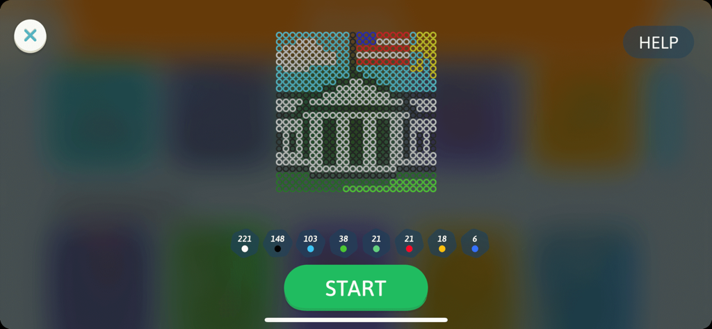 Anteprima di pixel art di un edificio del Campidoglio sull'app smART pixelator 2.0 con un pulsante di avvio e conteggi dei colori delle perline.
