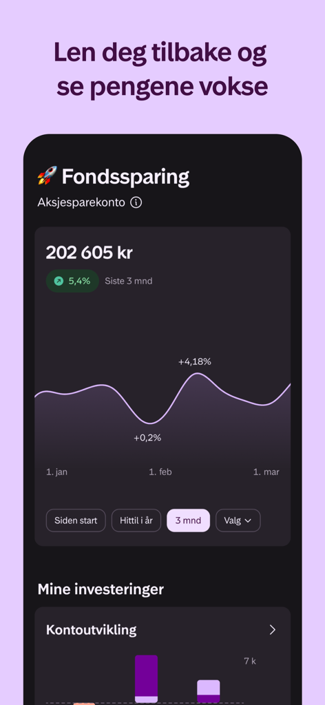 Kron - Investering for alle - Interface de l'application d'investissement Kron montrant le solde d'un portefeuille et un graphique linéaire de la croissance des investissements.