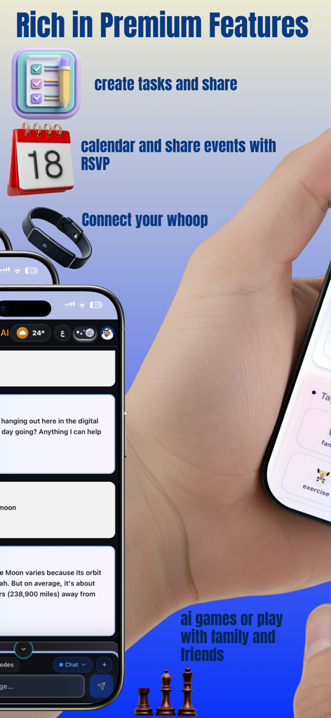Wakti AI - Wakti AI app interface displaying tasks, calendar, WHOOP connection, and AI chat features.