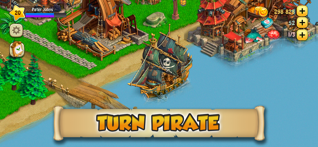 A pirate ship with skull sails docking at a vibrant coastal harbor in the game Zombie Castaways.