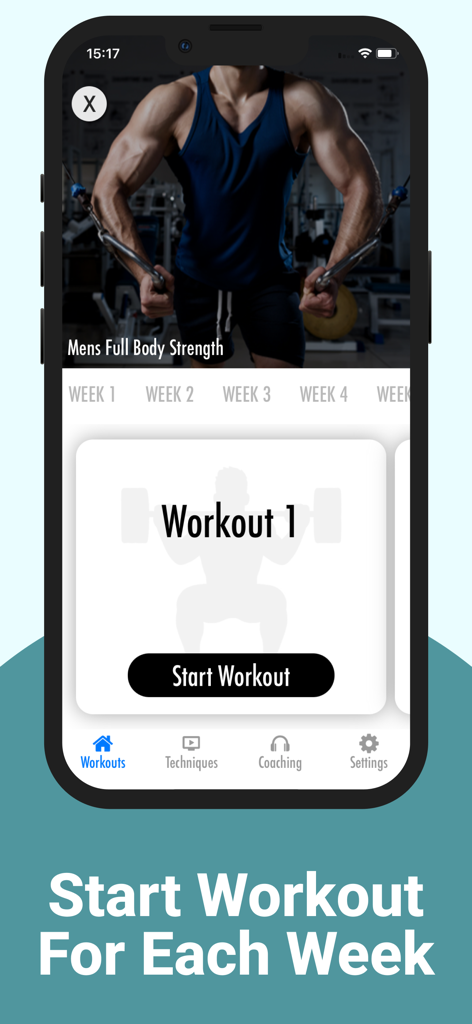MuscleMax - Men's Workout - MuscleMax app interface showing the start screen for a mens full body strength workout program.