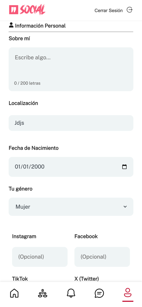 WodBuster Social - Tela de configuração de informações pessoais no aplicativo WodBuster Social com campos para biografia, localização, data de nascimento e links de mídia social