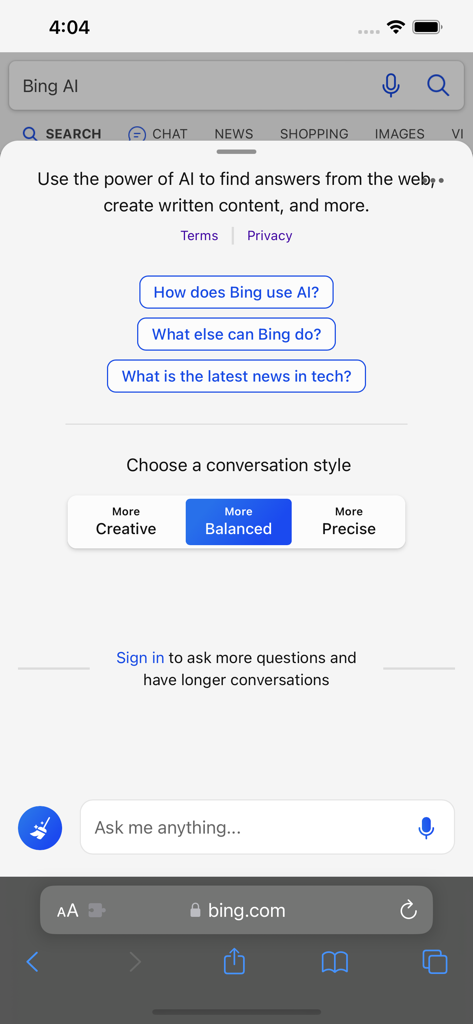 BrowserMask for Safari - Bing Chat interface in Safari enabled by BrowserMask extension