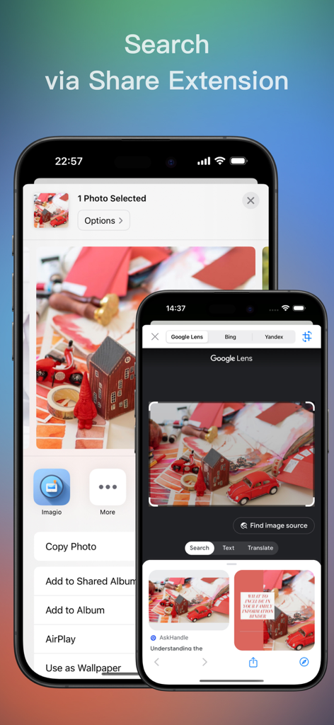 Screenshot of the Imagio app showing reverse image search using the iOS share extension.