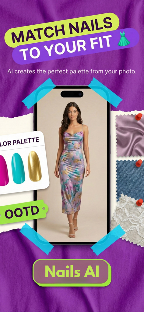 Nails AI: Virtual Try On Salon - Nails AI app interface showing a nail color palette generated to match a woman's floral dress.