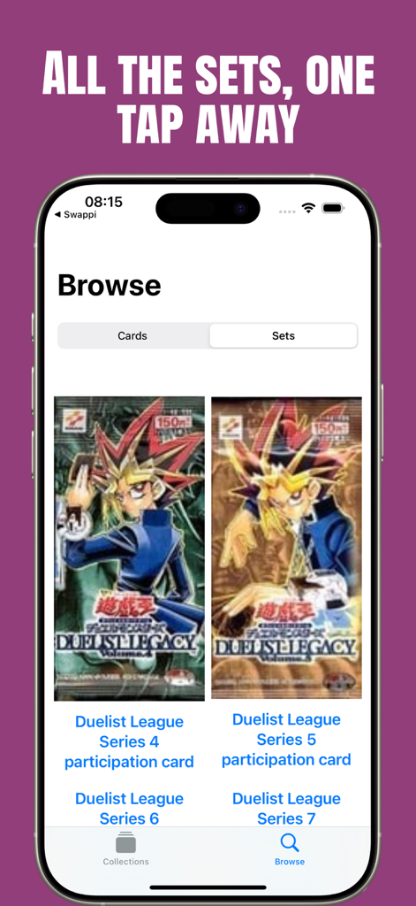 Yugioh Card Scanner - A mobile app interface showing the browse screen for YuGiOh card sets with pack artwork for Duelist Legacy.