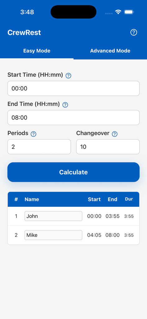 Crew Rest Calculator - CrewRestアプリのフライトクルー休息期間計算画面。