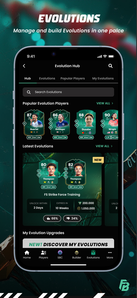 FUTBIN FC 26 app interface showing the Evolution Hub with popular player card upgrades and latest evolution challenges.