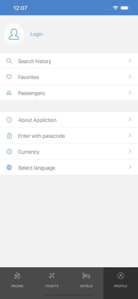 Menú de perfil en la aplicación City Travel mostrando el historial de búsqueda y la configuración de la cuenta.