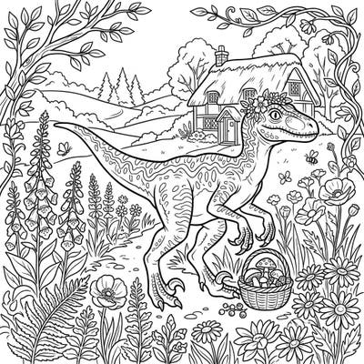 Dive into a delightful blend of prehistoric charm and rustic beauty with this unique Velociraptor Cottagecore coloring page. Discover a friendly dino adorned with flowers, gathering mushrooms in an idyllic garden scene.