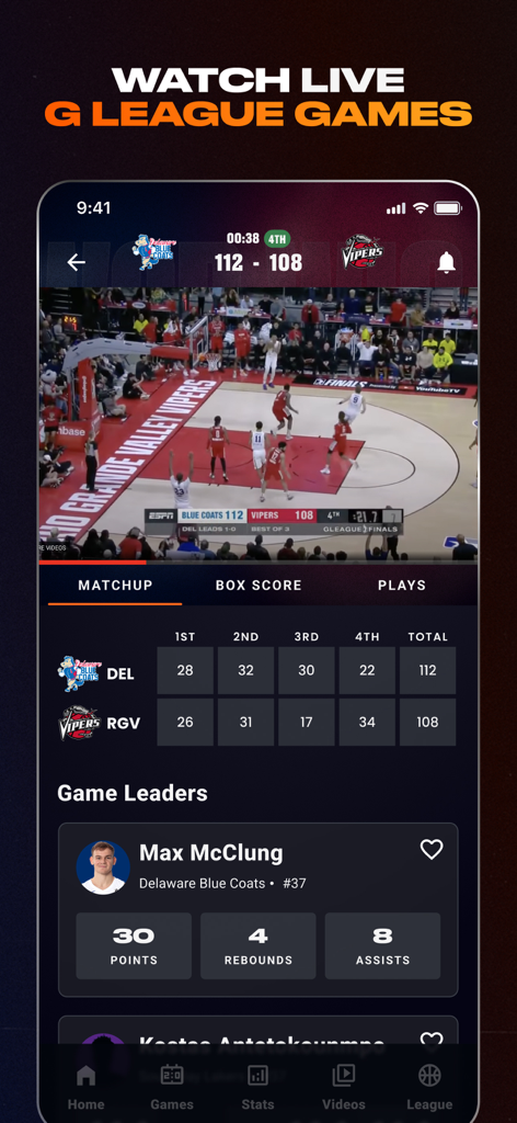 NBA G League - NBA G League app showing a live game stream between Delaware Blue Coats and Rio Grande Valley Vipers with real-time box scores and game leader stats.