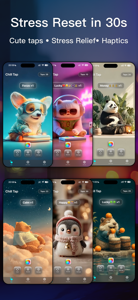 Screenshots of Chill Tap app featuring cute animal characters for stress relief and relaxation