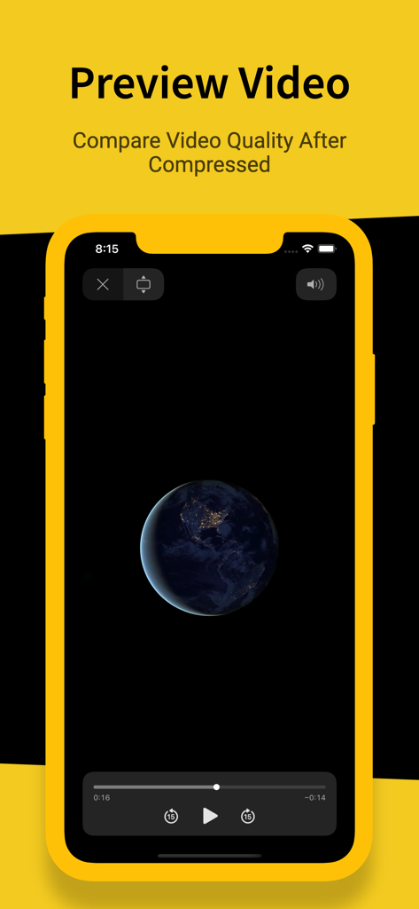 Video Compressor . - Preview screen showing a video player to compare video quality after compression.