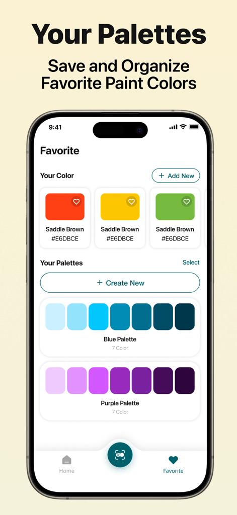 Mobile app interface showing saved favorite paint colors and organized color palettes