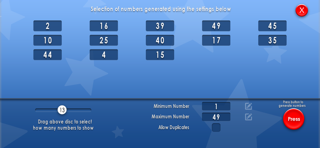 A screen from the Random Number Suite app showing 13 generated numbers with adjustable range and quantity settings on a blue background.