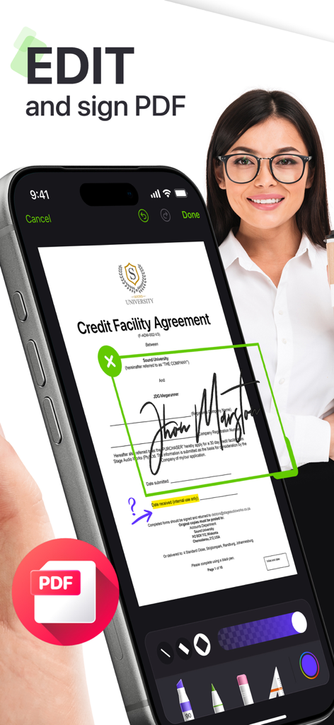 My Scanner: Scan to PDF & Edit - Écran de smartphone montrant un utilisateur signant un document de contrat de crédit PDF