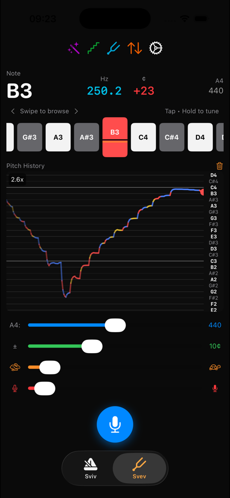 Svev & Sviv Lite - Svev and Sviv Lite app interface displaying a real-time pitch monitor with a historical intonation graph and frequency analysis.
