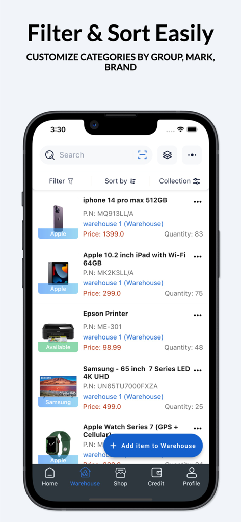 Naye Inventory Management App - Naye Inventory Management App interface showing a list of warehouse items with filter and sort options