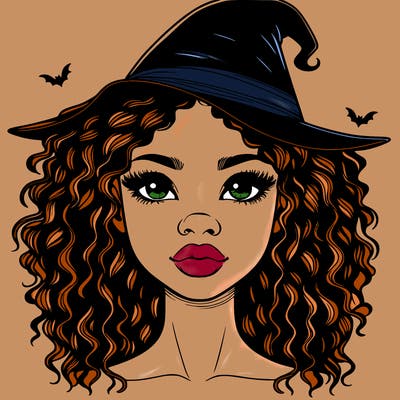realistic black girl with wavy hair and witch hat and nose and lips