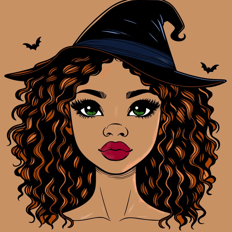 realistic black girl with wavy hair and witch hat and nose and lips