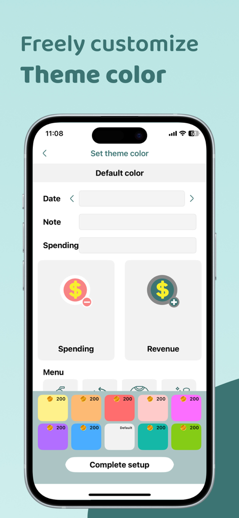 Simpler Budget App-Oberfläche zum Anpassen von Thementönen, um die finanzielle Nachverfolgung zu personalisieren.