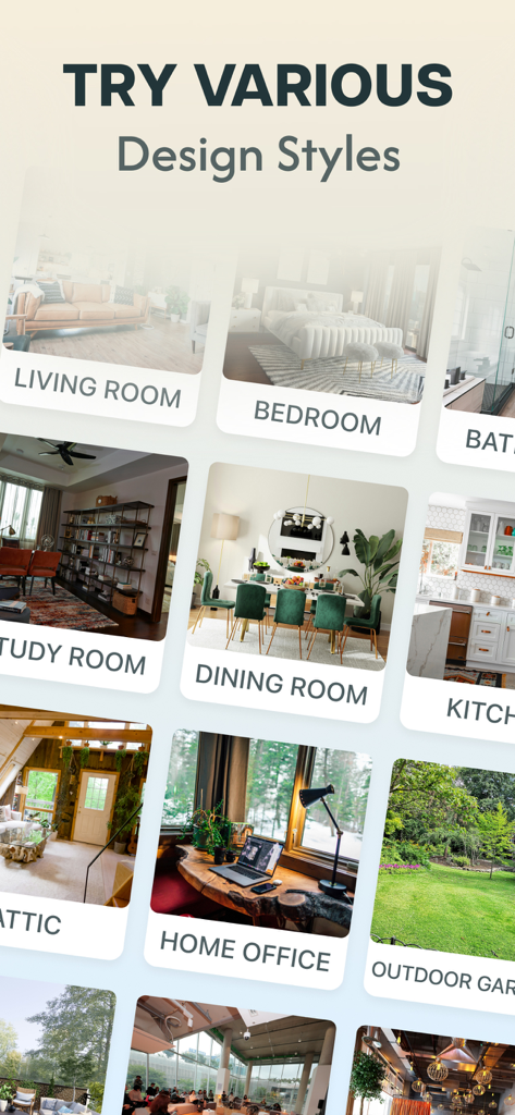 Interior AI Room Home Design - A grid of various room design styles including living room bedroom and home office