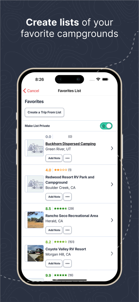 RV LIFE app screen displaying a saved favorites list of campgrounds with ratings and locations