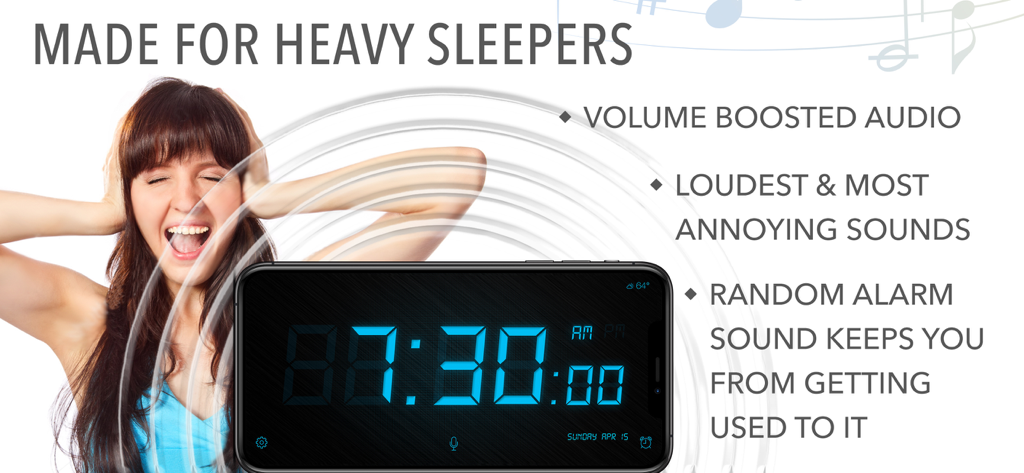 Loud Alarm Clock – the LOUDEST - A woman covering her ears in reaction to a loud alarm clock app with volume boosted audio and random sounds