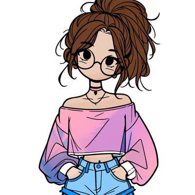 girl with a messy ponytail glasses a baggy crop top and jean shorts