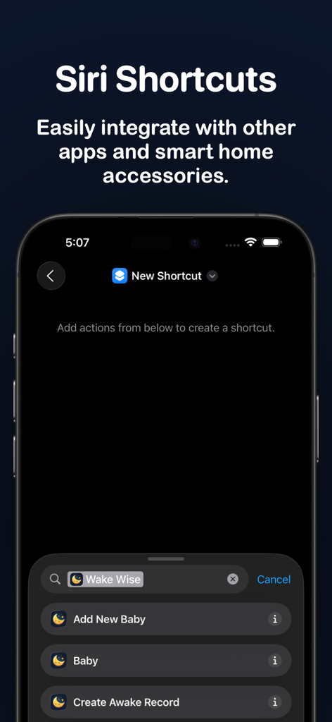 Baby Sleep Tracker Wake Wise - Wake Wise app interface showing Siri Shortcuts integration for hands-free baby tracking and smart home connectivity.