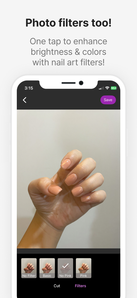 NailPick – AI for Nail Art - NailPick app screenshot showing the photo filters feature for enhancing nail art images on iPhone