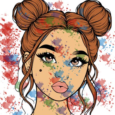 realistic girl with two buns on her hair and lips