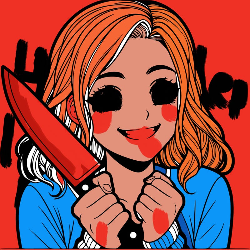 a realistic girl holding a knife and grinning