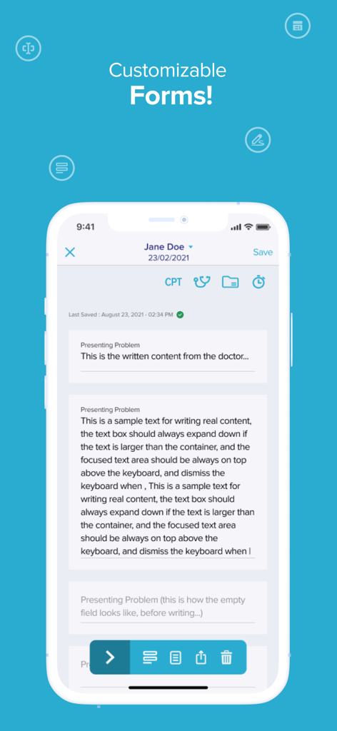 Mimo AI Clinical Notes - Mimo AI App-Oberfläche, die anpassbare klinische Formulare für Patientendokumentation und Notizen zeigt.